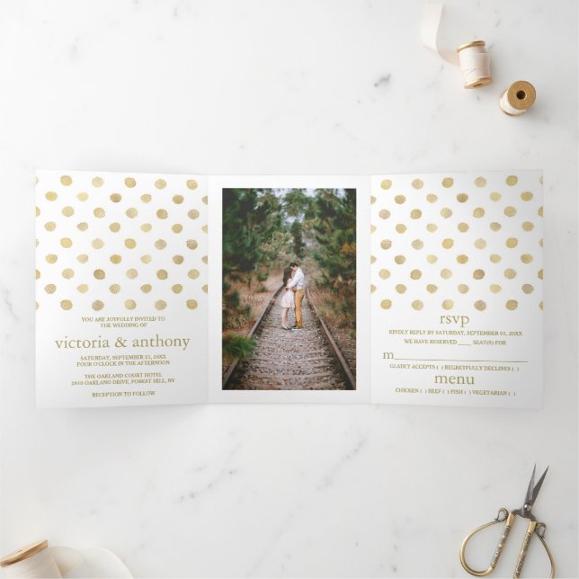 Invitation Trois Volets Suite Mariage Pois moderne White & Gold (Intérieur)