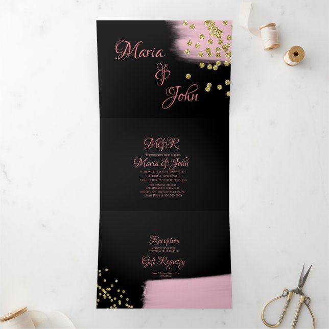 Invitation Trois Volets Superbe Parties scintillant Pinceau rose Mariage C (Intérieur)
