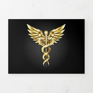 Invitation Trois Volets Symbole caducee polygonal or
