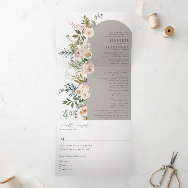 Invitation Trois Volets Taupe florale rustique tout en un Mariage triplé (Intérieur)