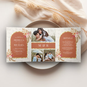 Invitation Trois Volets Terme Boho Floral Pampas Terracotta Mariage