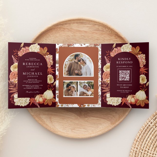 Invitation Trois Volets Terracotta Citrouille Floral QR Code Mariage Bourg (Créateur téléchargé)