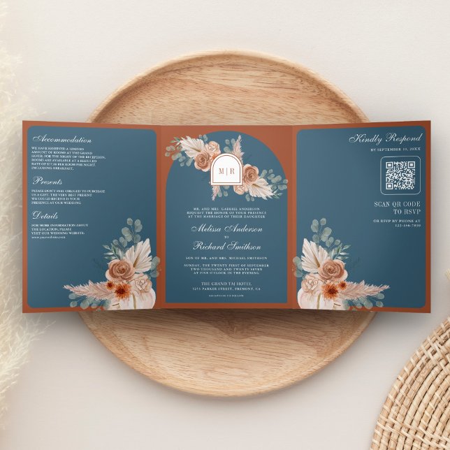 Invitation Trois Volets Terracotta Floral Dusty Blue QR Code Wedding (Créateur téléchargé)