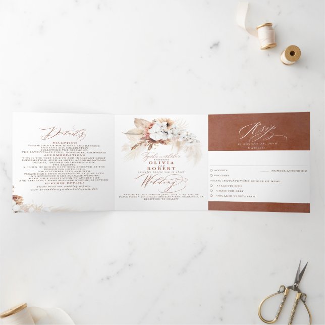 Invitation Trois Volets Terracotta Floral Exotic Moderne Boho Mariage (Intérieur)