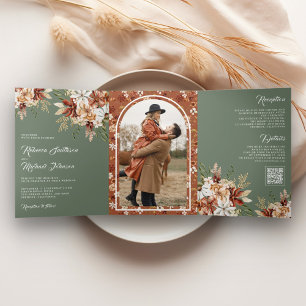 Invitation Trois Volets Terracotta Floral Fleur sauvage Sage Green Mariage