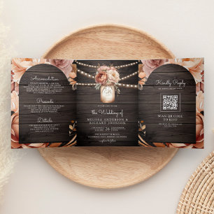 Invitation Trois Volets Terracotta Floral Mason Jar Wood QR Code Mariage