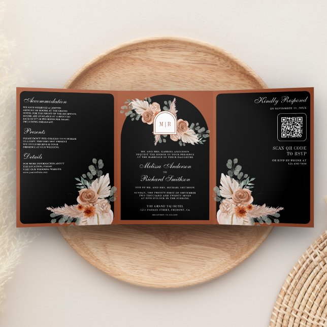 Invitation Trois Volets Terracotta Floral Pampas Black QR Code Wedding (Créateur téléchargé)
