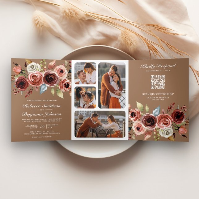 Invitation Trois Volets Terracotta Floral QR Code Beige Tan Wedding (Créateur téléchargé)