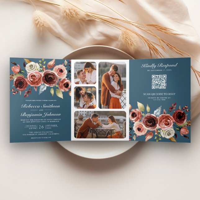 Invitation Trois Volets Terracotta Floral QR Code Dusty Blue Wedding (Créateur téléchargé)