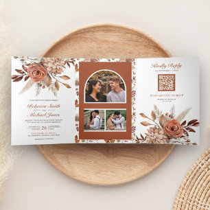 Invitation Trois Volets Terracotta Floral tout en un QR Code Mariage