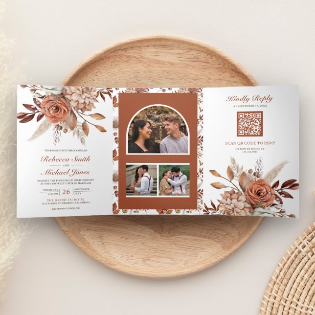 Invitation Trois Volets Terracotta Floral tout en un QR Code Mariage (Créateur téléchargé)