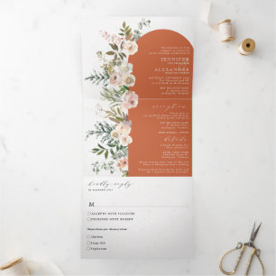 Invitation Trois Volets Terracotta florale tout en un Mariage triplé