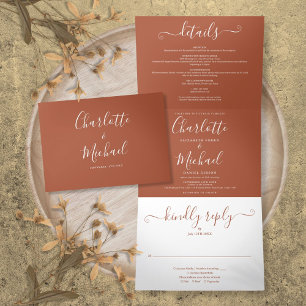 Invitation Trois Volets Terracotta Moderne Élégant Script Monogram Mariage