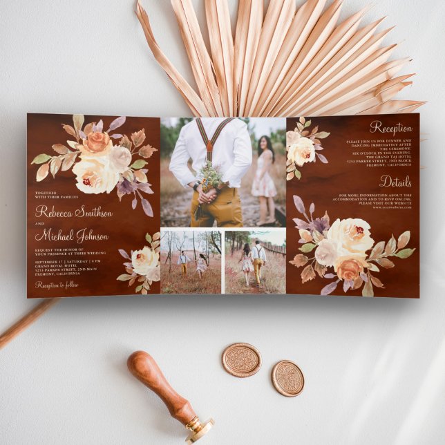 Invitation Trois Volets Terrain Dusty Pêcher Floral Terracotta Mariage (Créateur téléchargé)