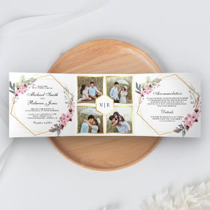 Invitation Trois Volets Terrarium moderne rose Floral Photo Mariage