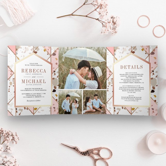 Invitation Trois Volets Terrazzo Mariage géométrique rose pâle (Créateur téléchargé)