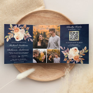 Invitation Trois Volets Terre ivoire Floral Marine bleu QR Code Mariage