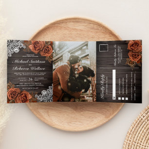 Invitation Trois Volets Terre Rustique Bois Terracotta Poussiéreuse Rose M