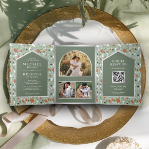 Invitation Trois Volets Terry Sage vert Terrazzo Carreau QR Code Mariage
