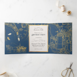 Invitation Trois Volets Thème de conte de fées Château Carrosse Or et Bleu