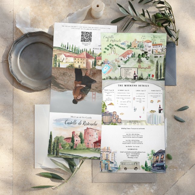 Invitation Trois Volets Toscane Italie | Mariage illustré (Créateur téléchargé)