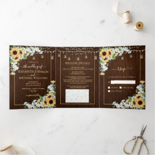 Invitation Trois Volets Tournesol en bois rustique Dusty Blue Floral Maria