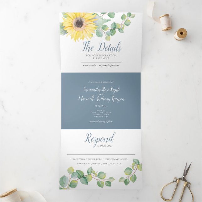 Invitation Trois Volets Tournesol et Eucalyptus tous en un mariage Invitat (Intérieur)