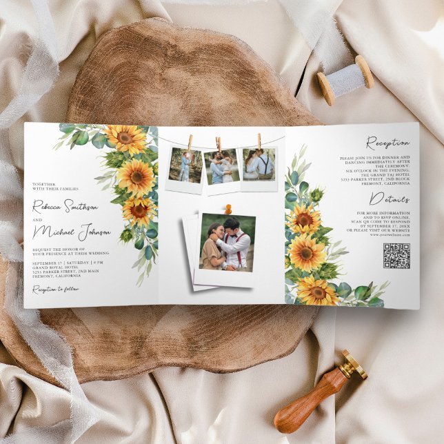 Invitation Trois Volets Tournesol Eucalyptus tout en un Mariage de code QR (Créateur téléchargé)