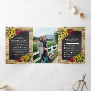Invitation Trois Volets Tournesol rustique et Mariage Rose