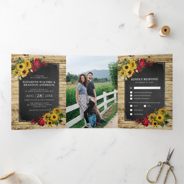 Invitation Trois Volets Tournesol rustique et Mariage Rose (Intérieur)