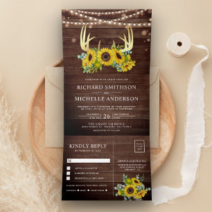Invitation Trois Volets Tournesols Bois de Grange Floral Andouiller Doré M