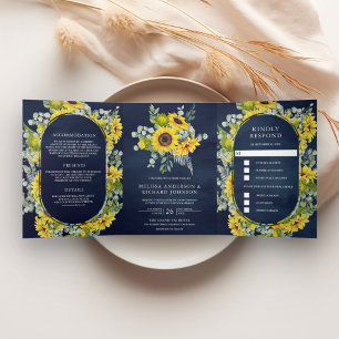 Invitation Trois Volets Tournesols et Eucalyptus 3 en 1 Mariage bleu marin