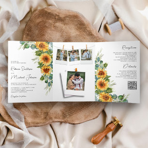 Invitation Trois Volets Tournesols Eucalyptus Tout en Un Code QR Mariage