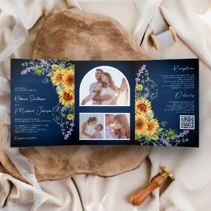 Invitation Trois Volets Tournesols Lavande Bleu Marine Code QR Mariage