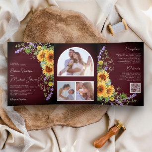 Invitation Trois Volets Tournesols Lavande Bourgogne Code QR Mariage
