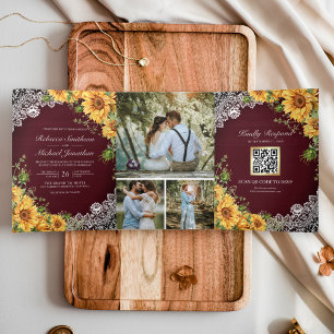 Invitation Trois Volets Tournesols Rustiques Bourgogne Bois Code QR Mariag