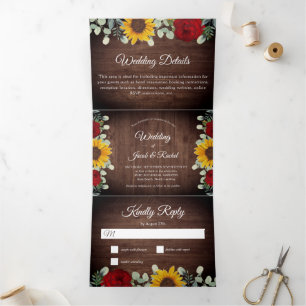Invitation Trois Volets Tournesols Rustiques Eucalyptus Red Roses Mariage