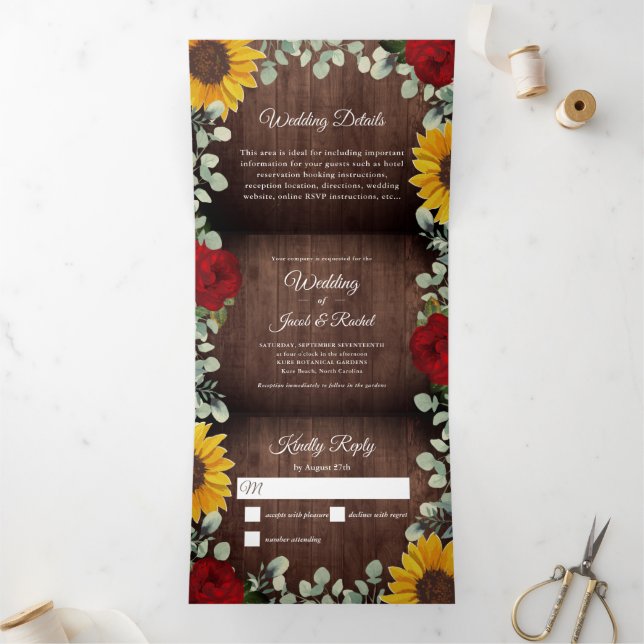 Invitation Trois Volets Tournesols Rustiques Eucalyptus Rose Mariage photo (Intérieur)