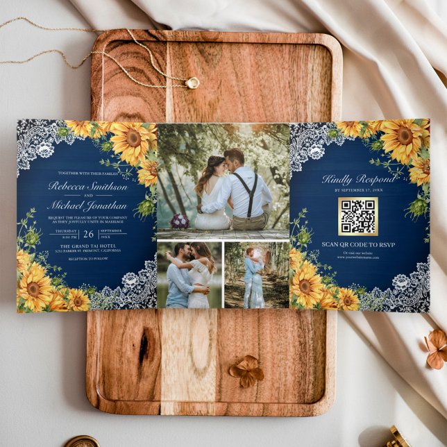 Invitation Trois Volets Tournesols rustiques Marine Bleu Bois QR Code Mari (Créateur téléchargé)