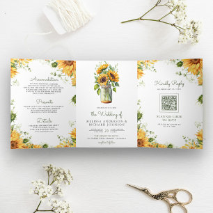 Invitation Trois Volets Tournesols rustiques Mason Jar QR Code Mariage