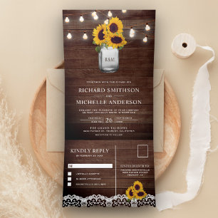 Invitation Trois Volets Tournesols rustiques Mason Jar String Mariage