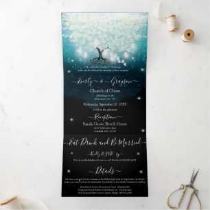 Invitation Trois Volets Tout en Un Blush Menthe Bleu Cœur Feuille Mariage