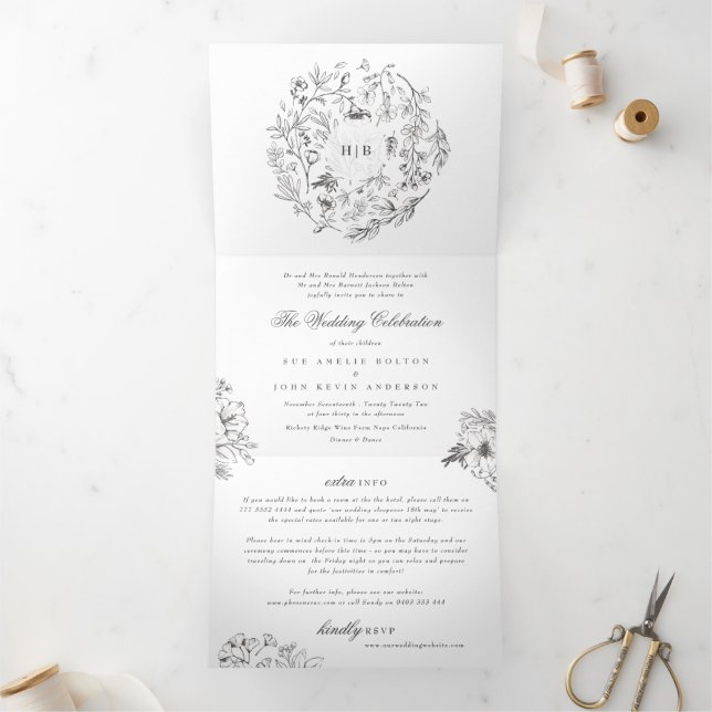 Invitation Trois Volets Tout en un | Classic Botanical Florals Mariage (Intérieur)