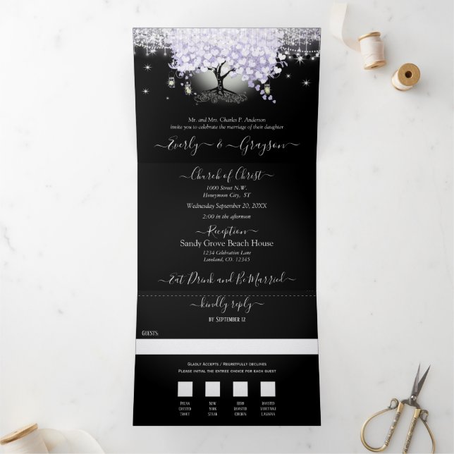 Invitation Trois Volets Tout en un Élégant Lilac Purple Mariage Cardiaque (Intérieur)