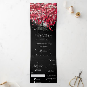 Invitation Trois Volets Tout en un Élégant Mariage rouge et rose de feuill