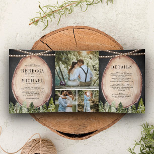 Invitation Trois Volets Tranche de bois de mariage forêt de pins rustique