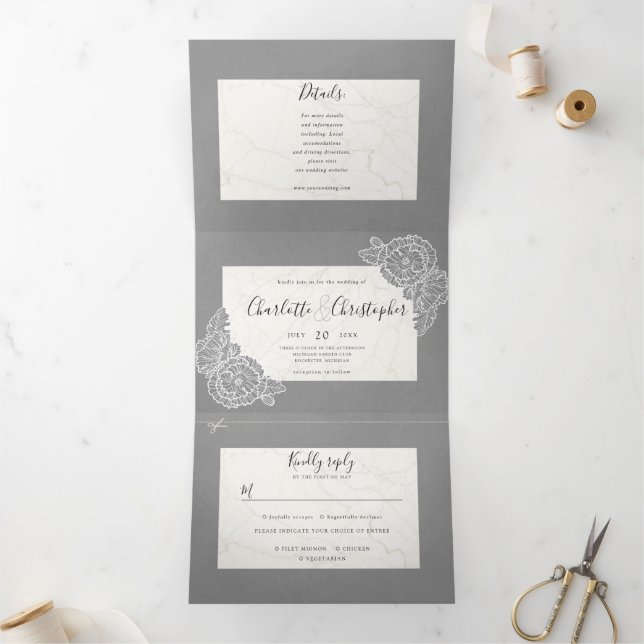 Invitation Trois Volets tri-pli gris floral tout en un seul mariage (Intérieur)