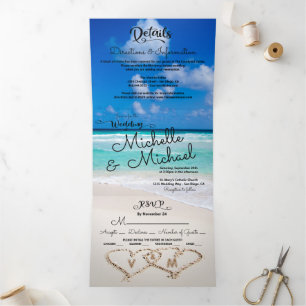 Invitation Trois Volets Tropical Beach Hearts Ocean surf Mariage