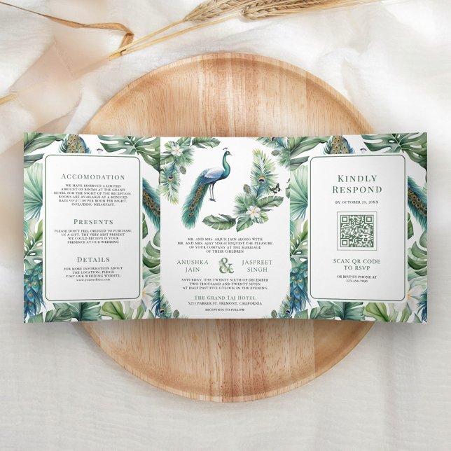 Invitation Trois Volets Tropical Indian Peacock Floral All in One Wedding (Créateur téléchargé)