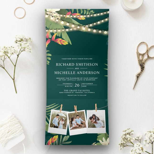 Invitation Trois Volets Tropical Palm String Lights Photo Collage Mariage (Créateur téléchargé)